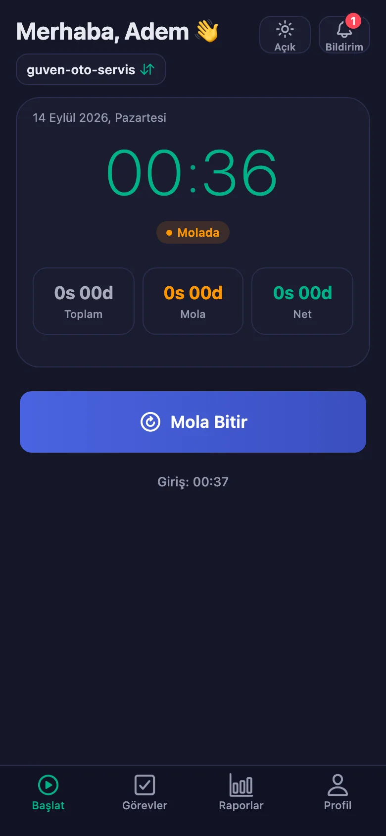 Mola ayrı sayılıyor ve net süreden düşülüyor.