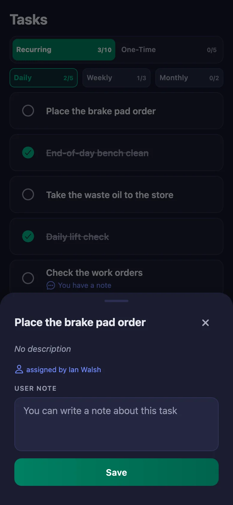 Which car, which part is missing — a short note; the manager reads it but cannot change it.