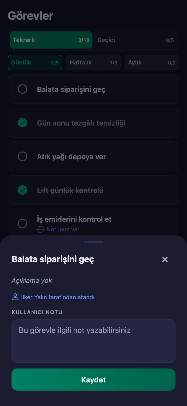 Hangi araç, hangi parça eksik — kısa bir not; yönetici okuyor ama değiştiremiyor.