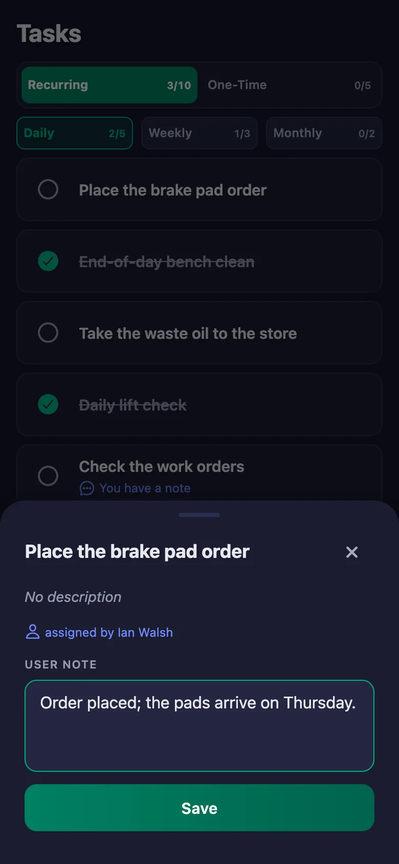 Which car, which part is missing — a short note; the manager reads it but cannot change it.