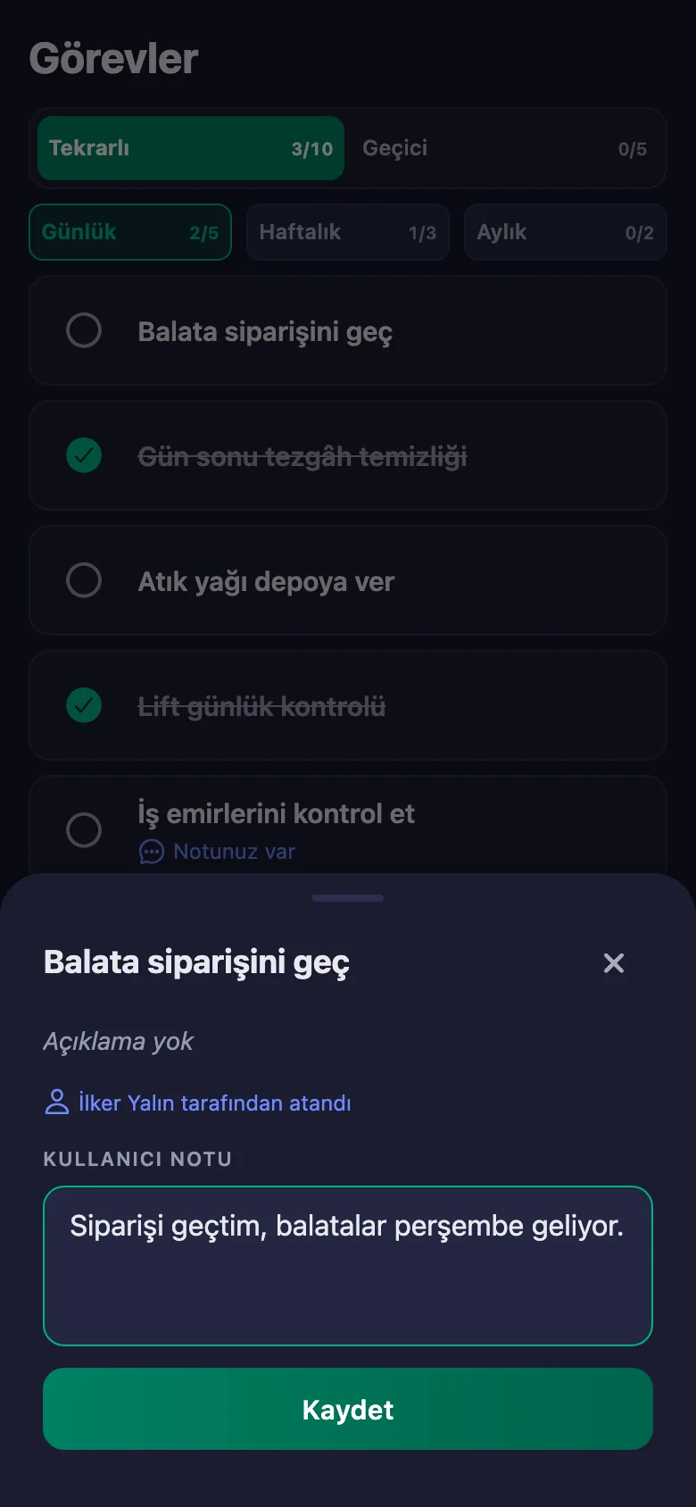 Hangi araç, hangi parça eksik — kısa bir not; yönetici okuyor ama değiştiremiyor.