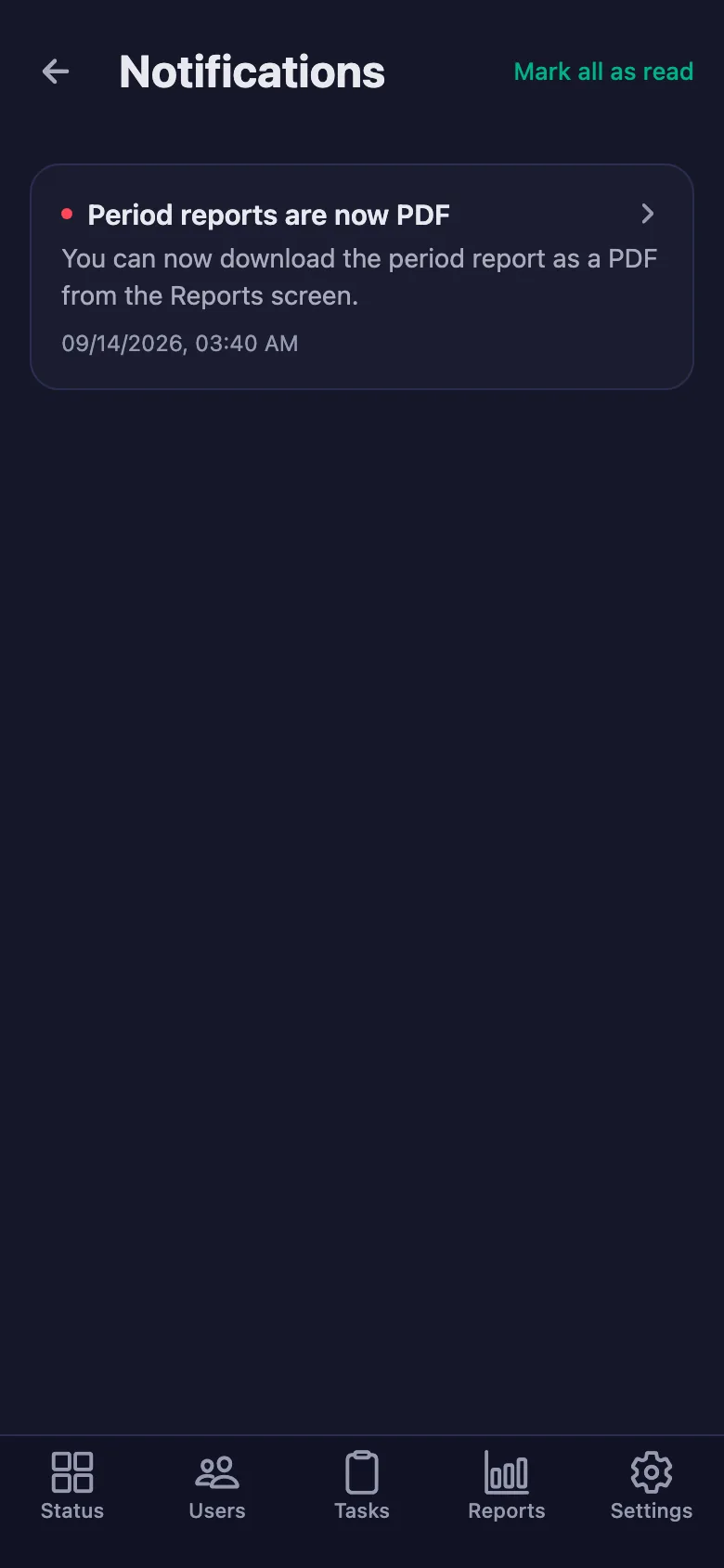 You download the report as a PDF; notifications can also go to Telegram if you want.
