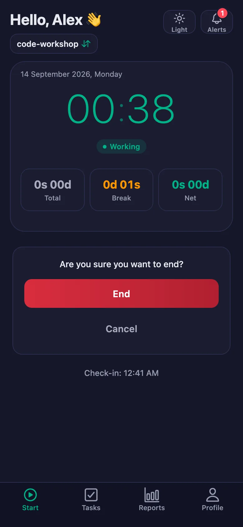 After you confirm, the day's total and net time appear.