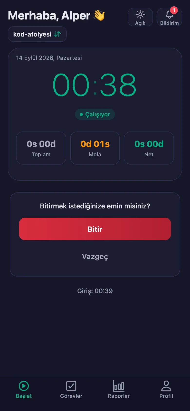 Onaydan sonra günün toplamı ve net süresi görünüyor.