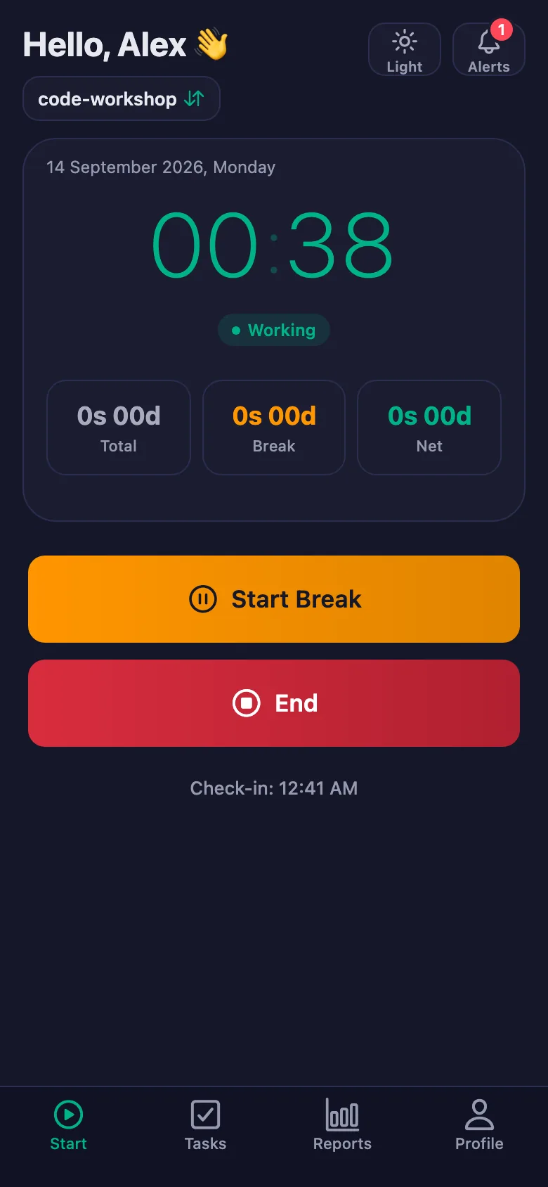 One tap; the timer starts running second by second.