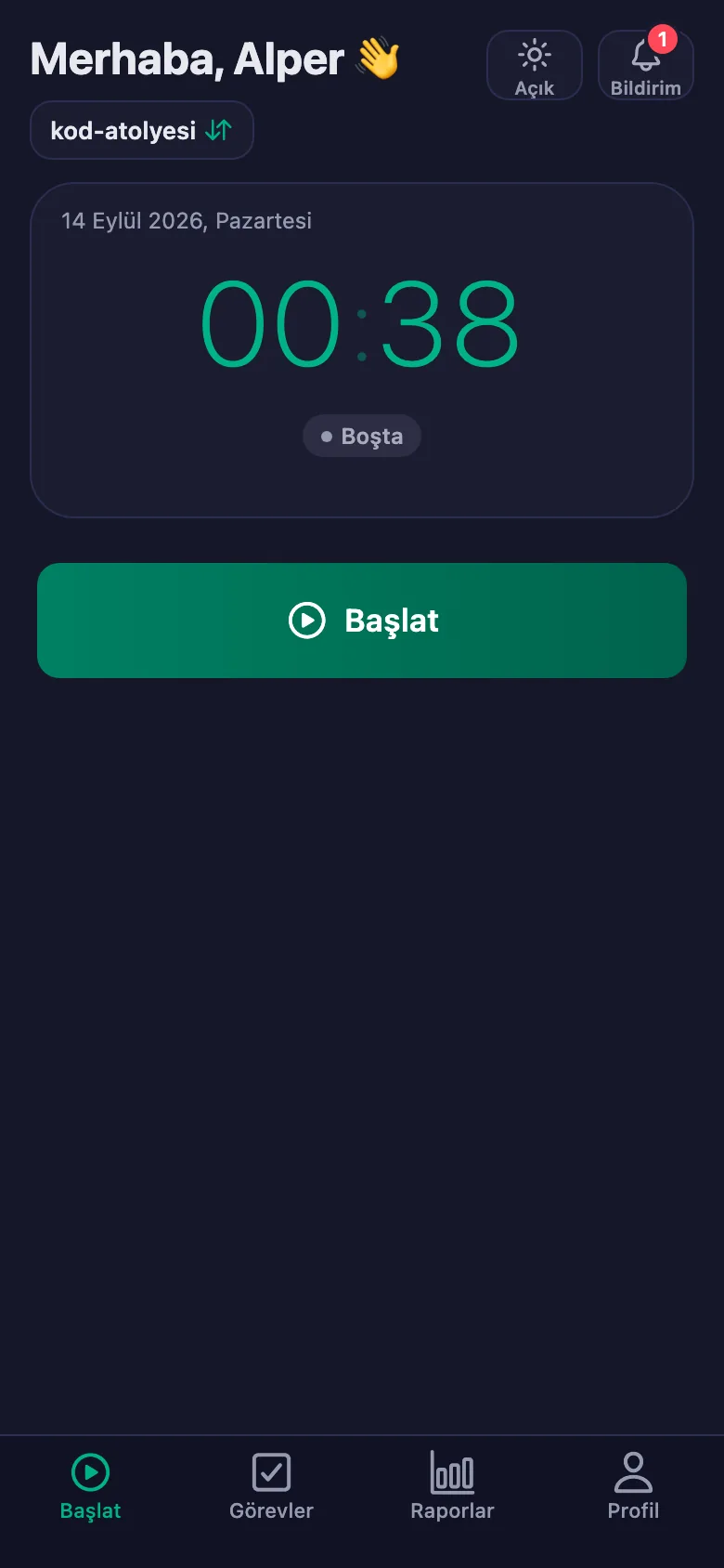 Onaydan sonra günün toplamı ve net süresi görünüyor.