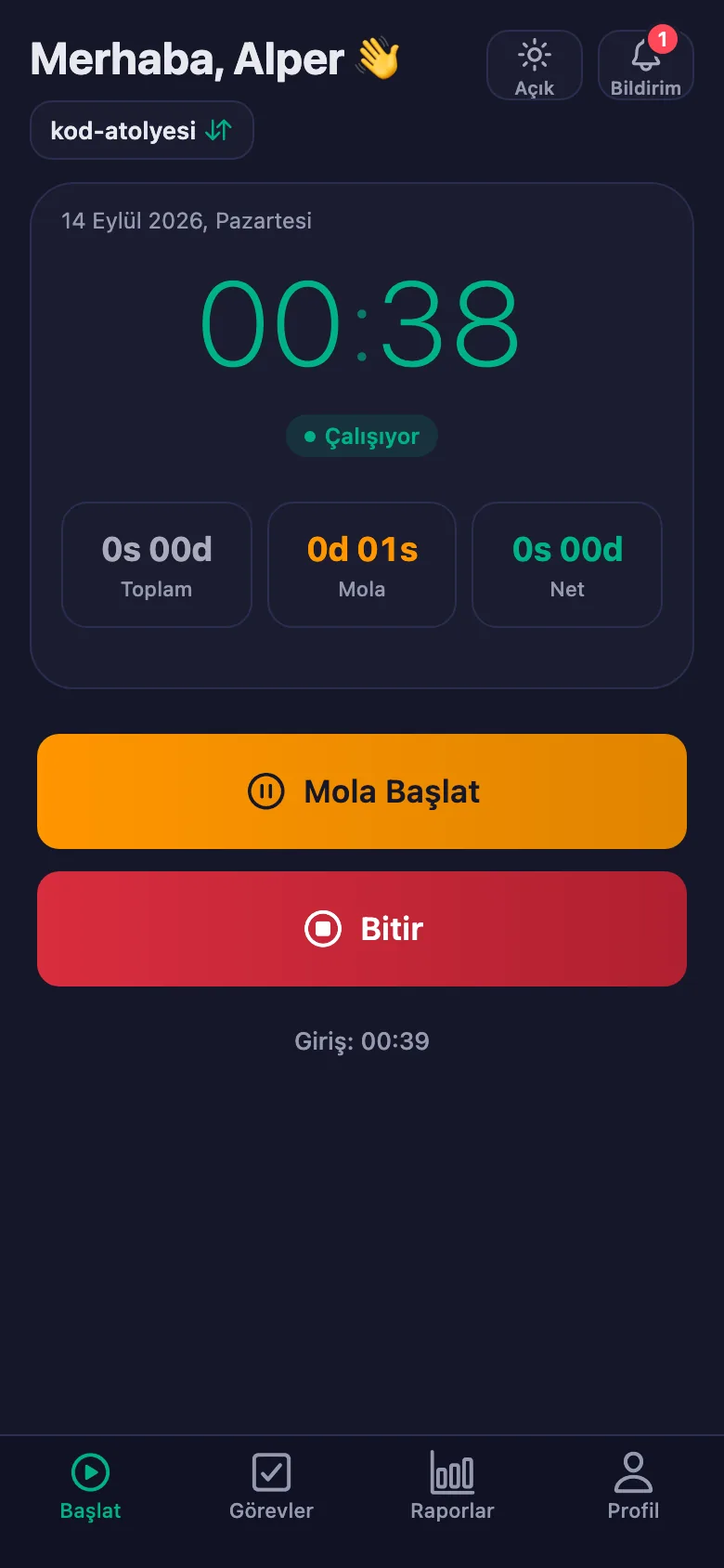 Öğle arası ayrı sayılıyor ve net süreden düşülüyor.